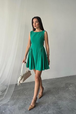 İKALES Yeşil Mini Boy Büzgülü Keten Elbise