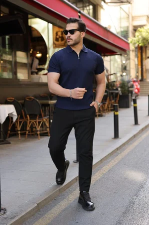 İKALES Erkek Fermuarlı Yakalı Kısa Kollu Tshirt