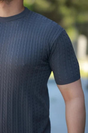 İKALES Erkek Bisiklet Yaka örgü Desenli Kısa örme Triko Kısa Kollu T-shirt