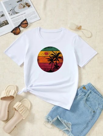 İKALES Kadın Kısa Kollu Palmiye Baskılı Viskon T-shirt