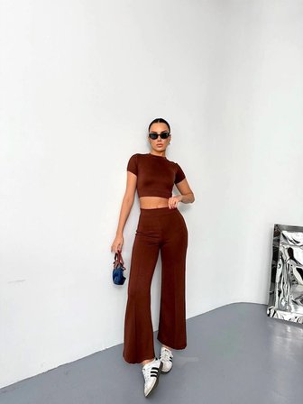 İKALES Osy Modal Yumuşak Dokulu Kumaş Kısa Kollu Crop Alt Ispanyol Paça Pantalon Ikili Takım - Kahverengi