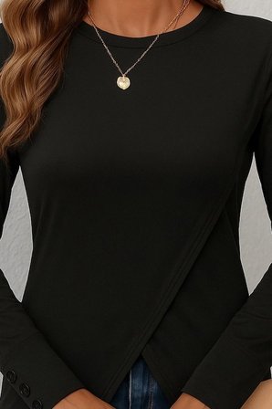 İKALES Kadın Uzun Kollu Bisiklet Yaka önden çapraz Kesim Detay Midi Viskon Bluz