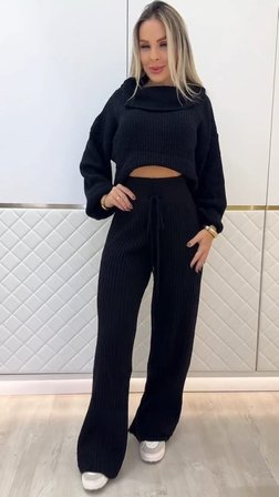 İKALES Kadın Uzun Kollu Balıkçı Yaka Kısa Triko Bluz Ve Pantolon Ikili Takım