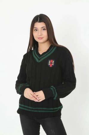 İKALES V Yaka Örgülü Kazak - Siyah