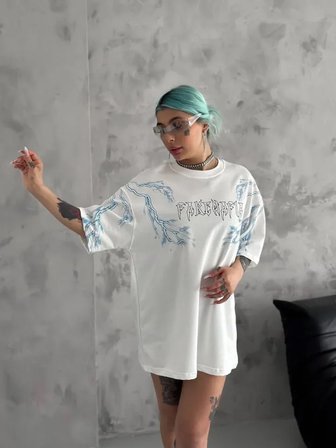 İKALES Unisex Bisiklet Yaka Baskılı Oversize T-Shirt - Beyaz