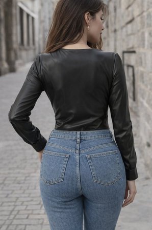 İKALES Kadın Uzun Kollu Derin V Yakalı Deri Zıbın