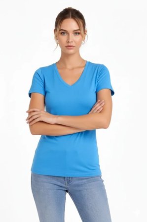 İKALES T-Shirt V Yaka Slim Fit Likralı Tişört Günlük Basic Body - Açık Mavi