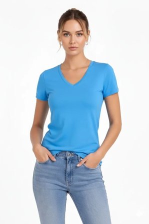 İKALES T-Shirt V Yaka Slim Fit Likralı Tişört Günlük Basic Body - Açık Mavi