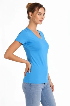 İKALES T-Shirt V Yaka Slim Fit Likralı Tişört Günlük Basic Body - Açık Mavi