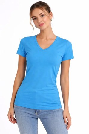 İKALES T-Shirt V Yaka Slim Fit Likralı Tişört Günlük Basic Body - Açık Mavi