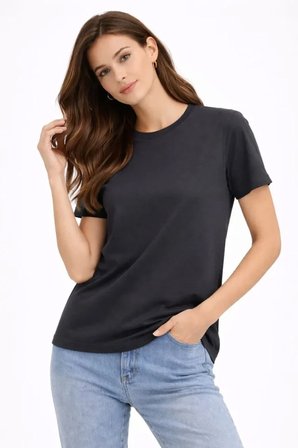 İKALES Bisiklet Yaka Tişört Regular Kalıp Basic Pamuklu Günlük Kullanım T-shirt - Füme