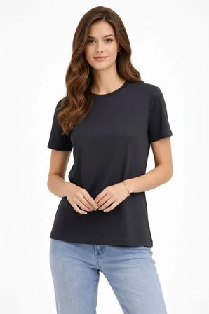 İKALES Bisiklet Yaka Tişört Regular Kalıp Basic Pamuklu Günlük Kullanım T-shirt - Füme