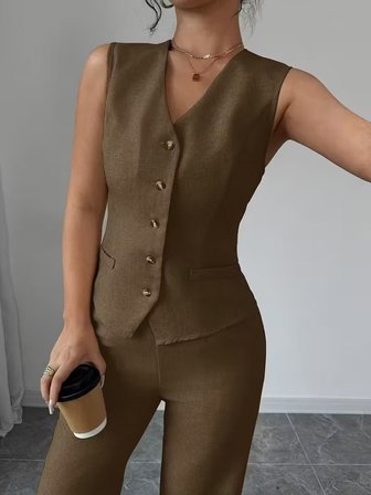 İKALES Kadın Askılı önden Düğmeli Bluz Ve Pantolon Keten Ikili Takım