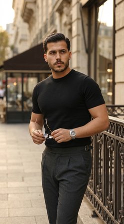 İKALES Erkek Basic Bisiklet Yaka Kısa Kollu Triko Tişört - %100 Pamuk Akrilik