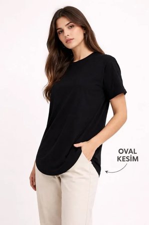 İKALES Basic T-Shirt Kısa Kol Bisiklet Yaka Oval Kesim Tişört - Siyah
