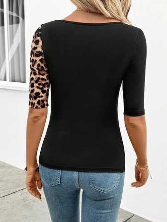 İKALES Kadın Kısa Kollu Asimetrik Kesim V Detaylı Leopar Desenli Viskon Bluz