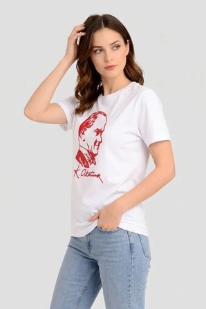 İKALES Atatürk Baskılı Tişört Kısa Kollu Bisiklet Yaka T-Shirt - Beyaz