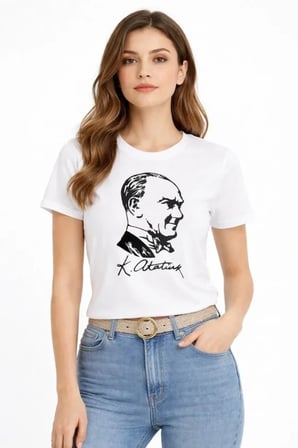 İKALES Atatürk Baskılı Tişört Kısa Kollu Bisiklet Yaka T-Shirt - Beyaz