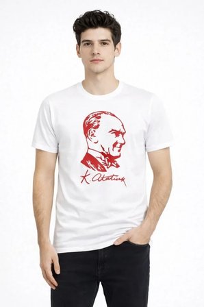 İKALES Erkek Atatürk Baskılı Tişört Kısa Kollu Bisiklet Yaka T-Shirt - Beyaz
