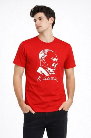 İKALES Erkek Atatürk Baskılı Tişört Kısa Kollu Bisiklet Yaka T-Shirt - Kırmızı