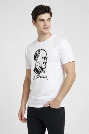 İKALES Erkek Atatürk Baskılı Tişört Kısa Kollu Bisiklet Yaka T-Shirt - Beyaz