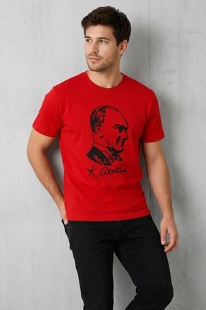 İKALES Erkek Atatürk Baskılı Tişört Kısa Kollu Bisiklet Yaka T-Shirt - Kırmızı