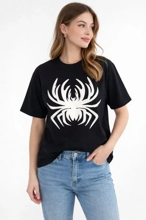 İKALES Örümcek Baskılı Tişört Kısa Kollu Bisiklet Yaka T-Shirt - Siyah