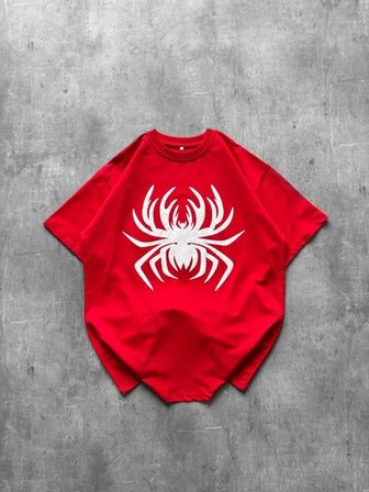 İKALES Örümcek Baskılı Tişört Kısa Kollu Bisiklet Yaka T-Shirt - Kırmızı