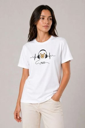 İKALES Müzik Temalı Baskılı Tişört Bisiklet Yaka Kısa Kol T-Shirt - Beyaz