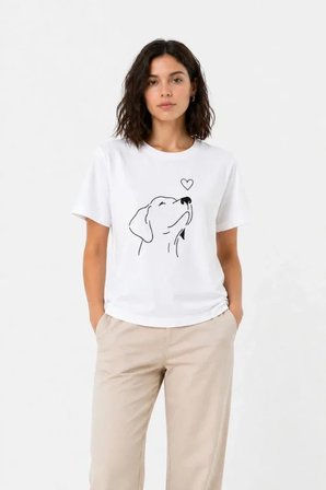 İKALES Köpek Figürlü Minimal Baskılı Tişört Kısa Kol Yazlık T-Shirt - Beyaz