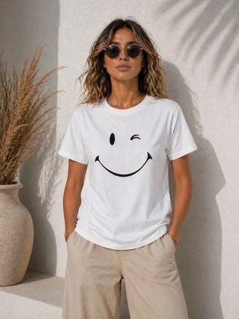 İKALES Minimal Gülümseyen Yüz Baskılı Tişört Kısa Kol Yazlık T-Shirt - Beyaz