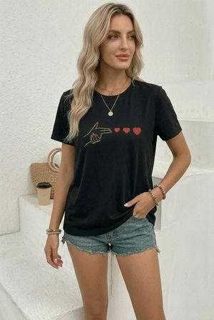 İKALES Minimal Kalp İşaret Baskılı Tişört Kısa Kol Yazlık T-Shirt - Siyah