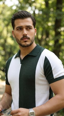 İKALES Erkek Kısa Kollu Polo Yakalı Blok Desenli Triko Bluz