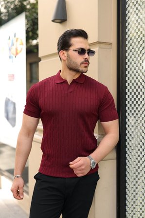 İKALES Erkek Örgü Desen Yakalı Kısa Kollu Triko Tişört