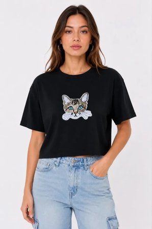 İKALES Kedi Baskılı Oversize Crop Tişört Salaş Basic Yarım Kol T-shirt - Siyah