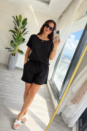 İKALES Kadın Kısa Kollu Yakası Açık Modal Bluz Ve Bağcıklı Kısa şort Ikili Takım