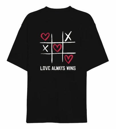 İKALES 14 Şubat Sevgililer Günü Love Always Wins Baskılı Oversize Bisiklet Yaka T-shirt - Siyah