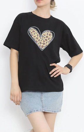 İKALES 14 Şubat Sevgililer Günü Leopar Kalp Baskılı Oversize Bisiklet Yaka T-shirt - Siyah