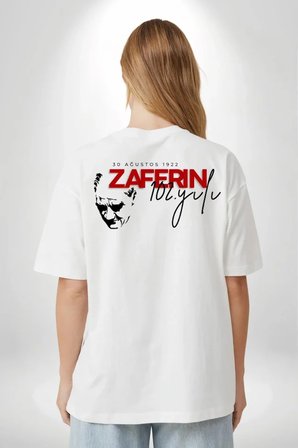 İKALES 30 Ağustos Zafer Bayramı Atatürk Temalı Oversize Bisiklet Yaka T-shirt - Beyaz