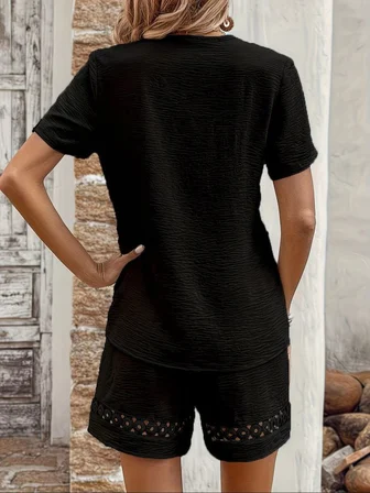 İKALES Kadın Kısa Kollu V Yakalı Bluz Ve Short Ikili Takım