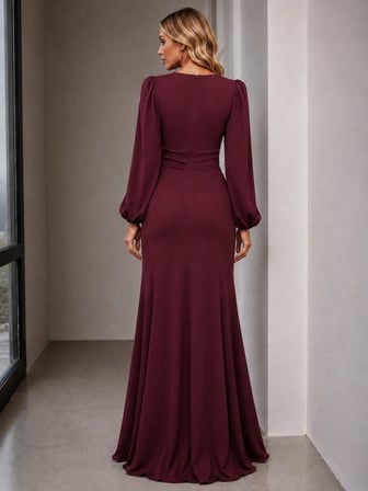İKALES Kadın Uzun Kollu Bisiklet Yakalı önden Fırfırlı Uzun Janjan Krep Elbise