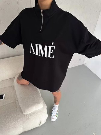İKALES Unisex Yarım Fermuarlı Baskılı T-Shirt - Siyah