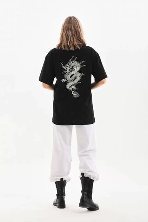 İKALES Unisex Baskılı Oversize T-Shirt - Siyah