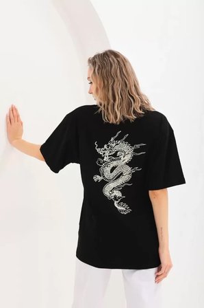 İKALES Unisex Baskılı Oversize T-Shirt - Siyah