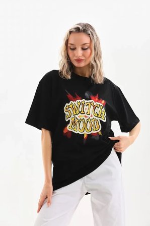 İKALES Unisex Baskılı Oversize T-Shirt - Siyah