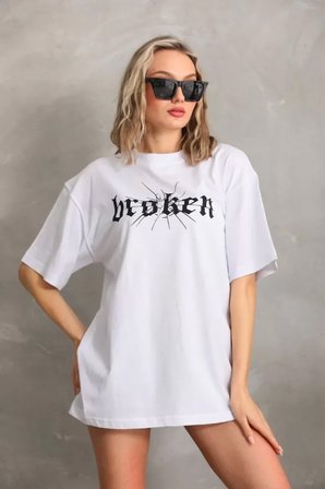 İKALES Unisex Baskılı Oversize T-Shirt - Beyaz