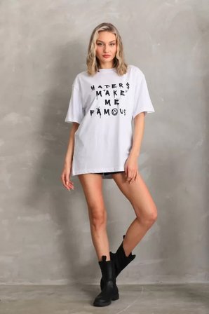 İKALES Unisex Baskılı Oversize T-Shirt - Beyaz