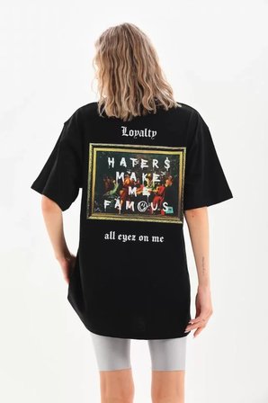 İKALES Unisex Baskılı Oversize T-Shirt - Siyah