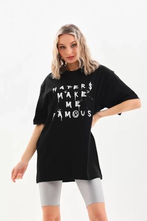 İKALES Unisex Baskılı Oversize T-Shirt - Siyah