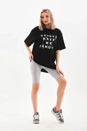 İKALES Unisex Baskılı Oversize T-Shirt - Siyah
